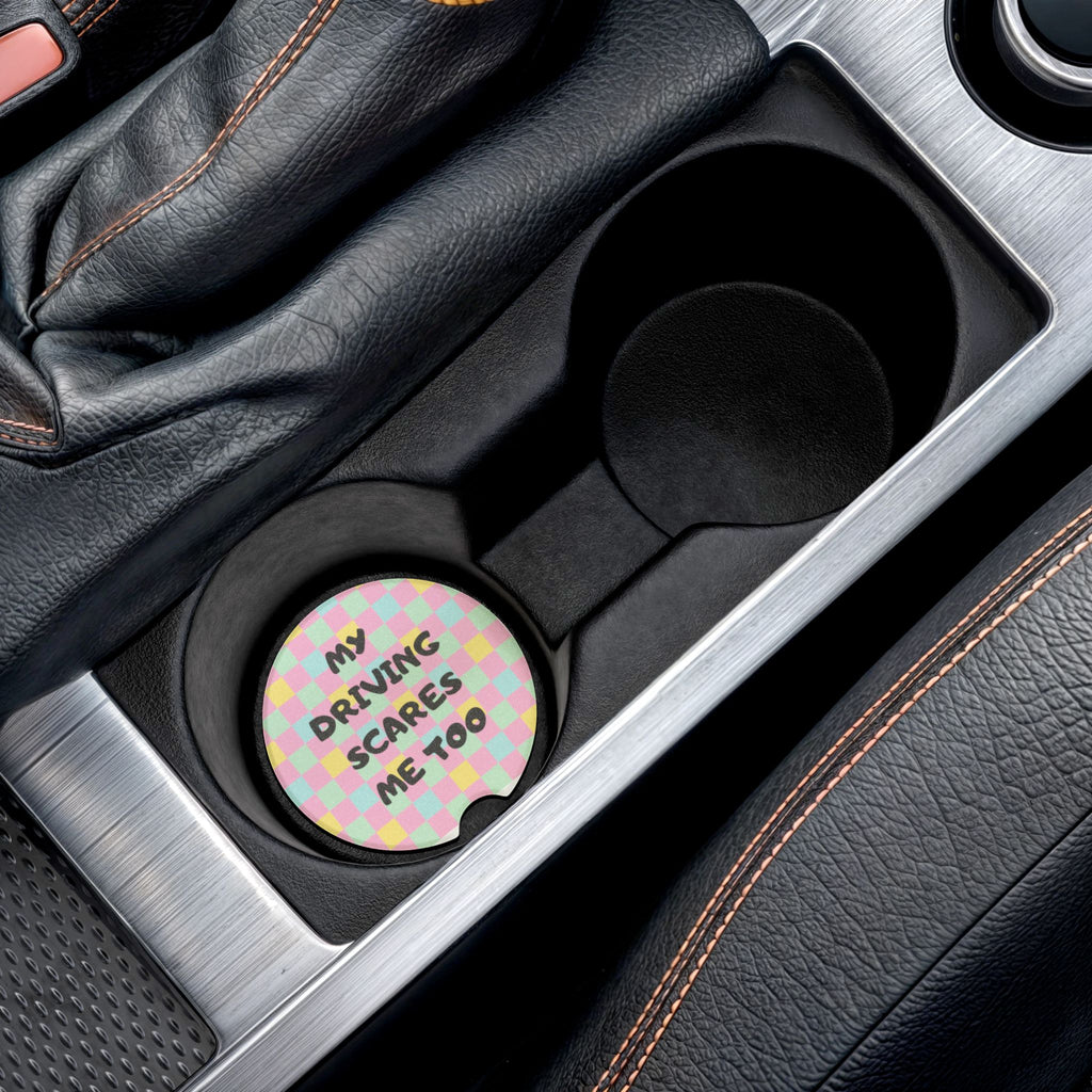 Soapstone Car Coaster — "My Driving Scares Me Too" Pastel Check Vinyl Cup Holder Insert
