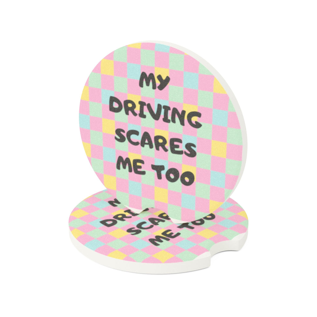 Soapstone Car Coaster — "My Driving Scares Me Too" Pastel Check Vinyl Cup Holder Insert