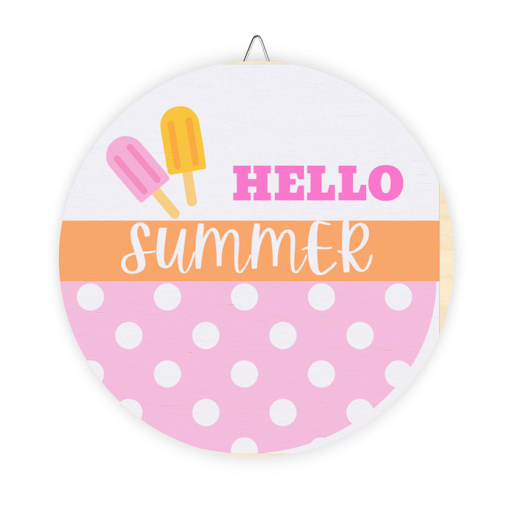 Hello Summer Polka Dot Wood Sign – Round Hanging Door Décor