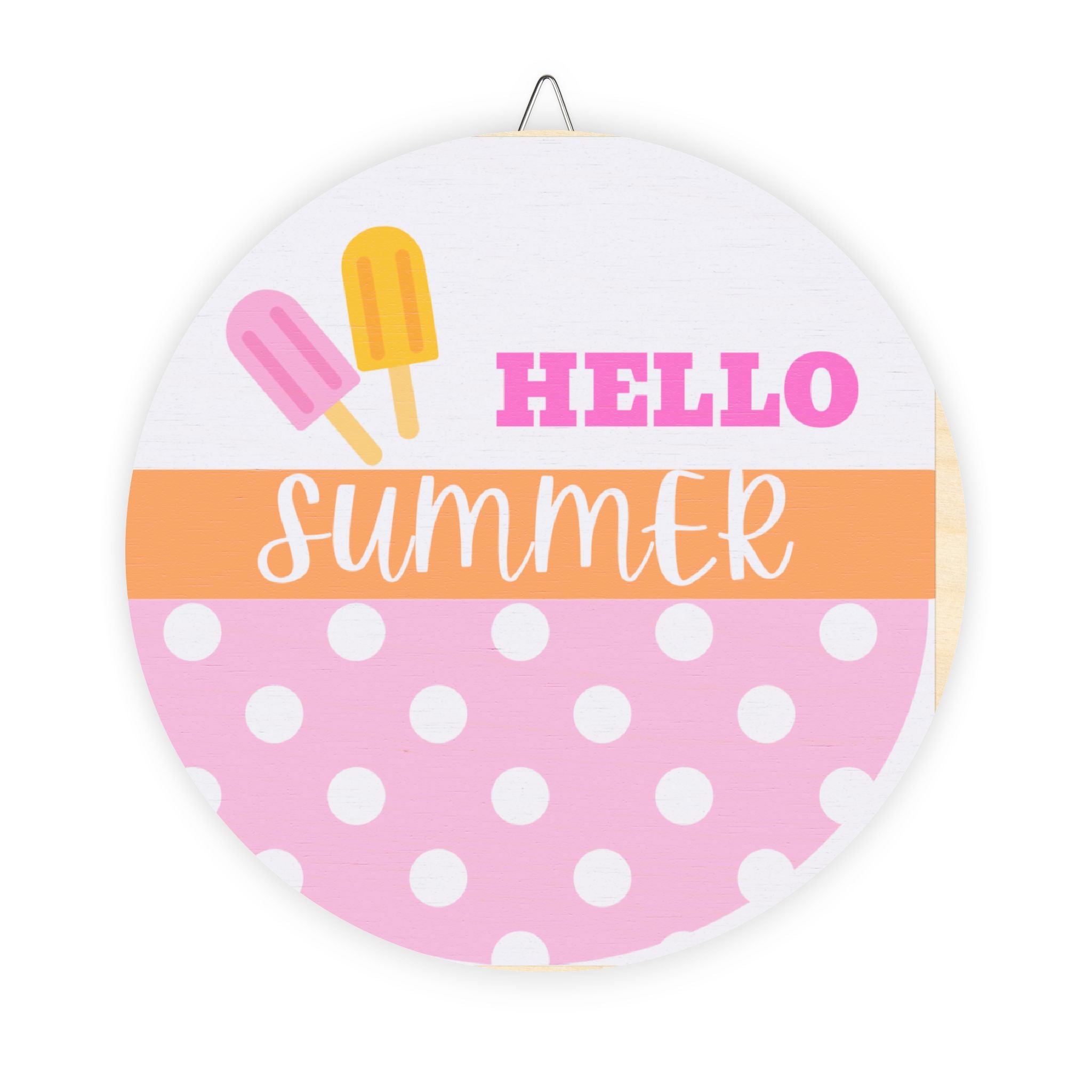 Hello Summer Polka Dot Wood Sign – Round Hanging Door Décor
