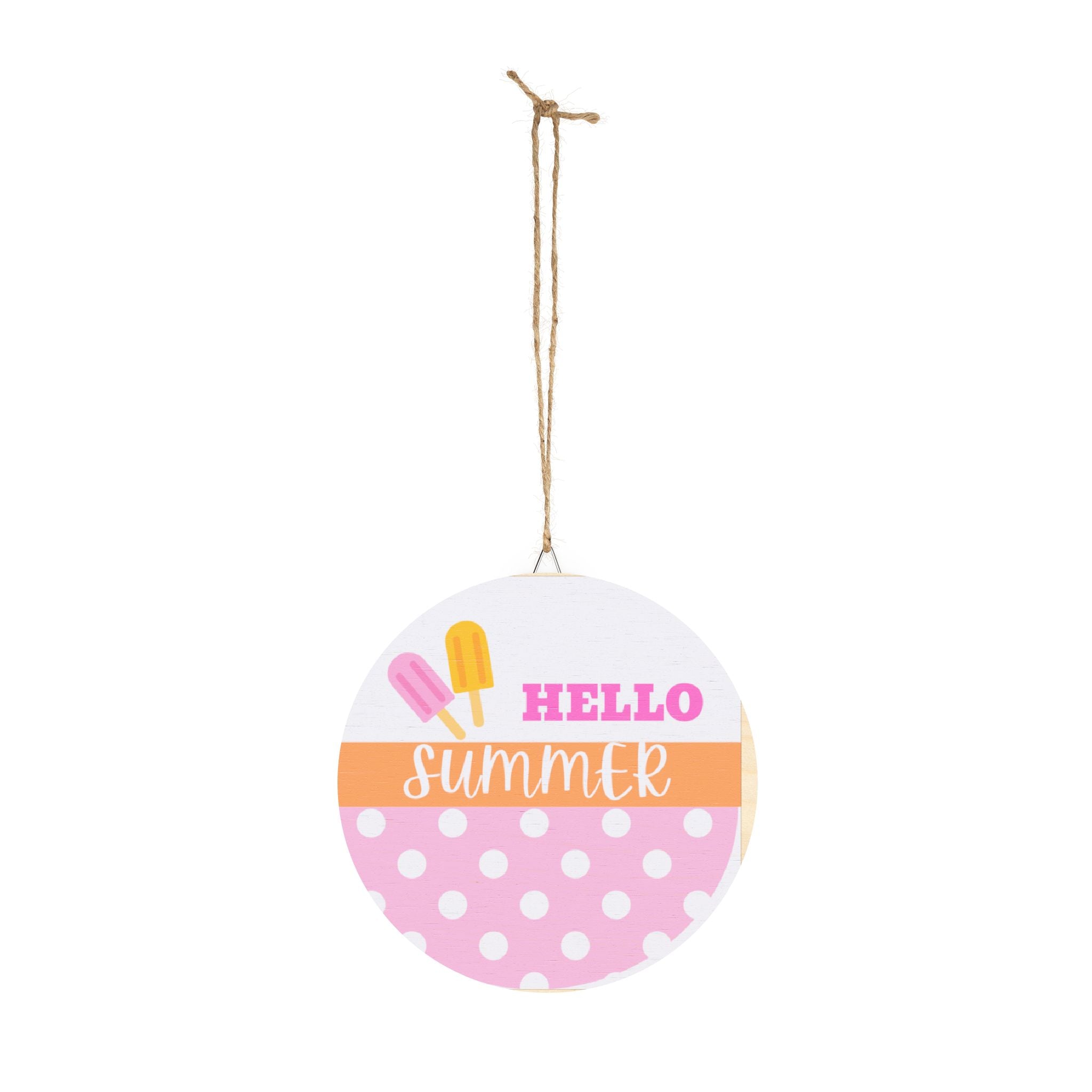 Hello Summer Polka Dot Wood Sign – Round Hanging Door Décor